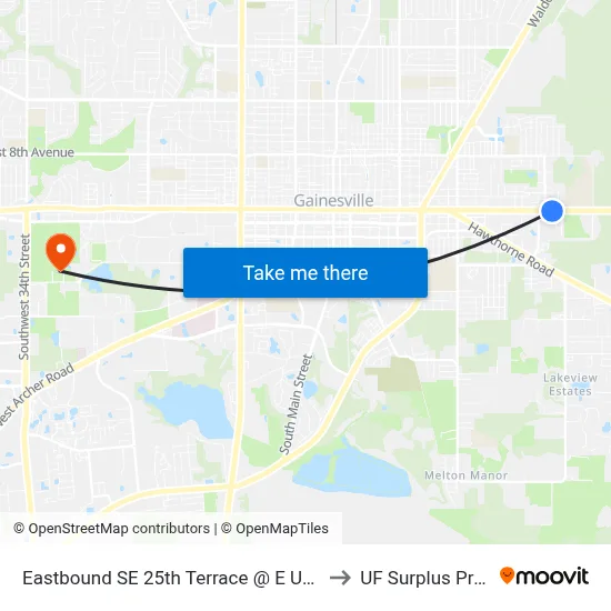 Eastbound SE 25th Terrace @ E University Avenue to UF Surplus Properties map