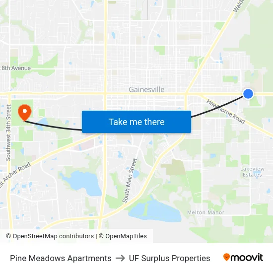Pine Meadows Apartments to UF Surplus Properties map