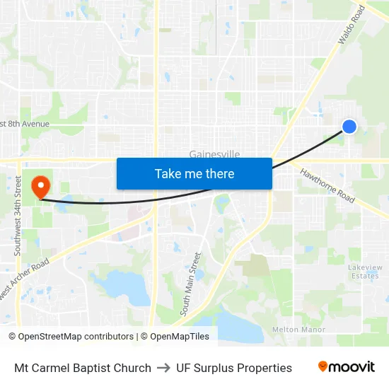 Mt Carmel Baptist Church to UF Surplus Properties map