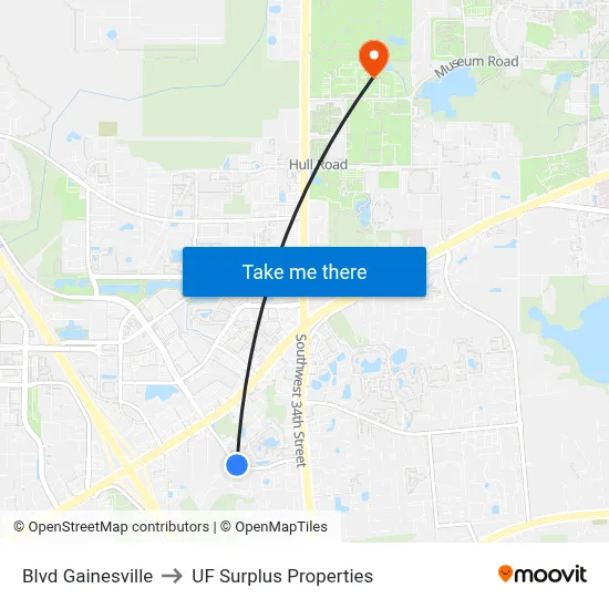Blvd Gainesville to UF Surplus Properties map
