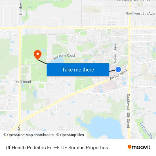 Uf Health Pediatric Er to UF Surplus Properties map