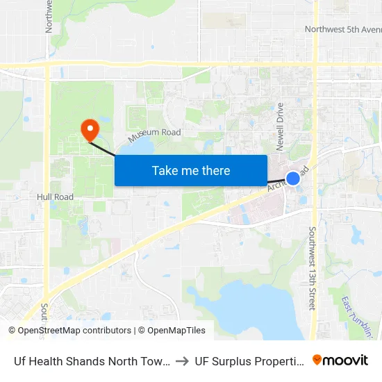 Uf Health Shands North Tower to UF Surplus Properties map