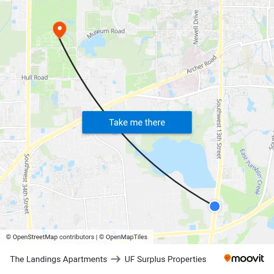 The Landings Apartments to UF Surplus Properties map