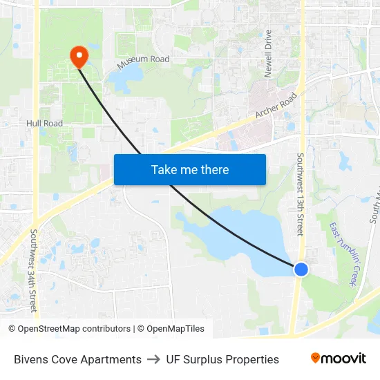 Bivens Cove Apartments to UF Surplus Properties map