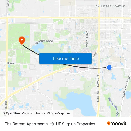 The Retreat Apartments to UF Surplus Properties map