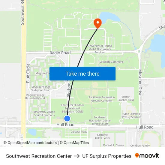 Southwest Recreation Center to UF Surplus Properties map