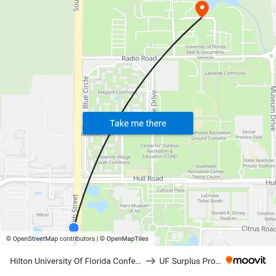 Hilton University Of Florida Conference Center to UF Surplus Properties map