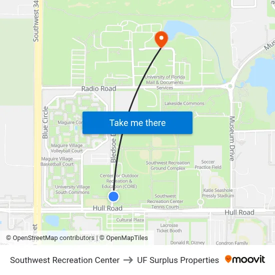Southwest Recreation Center to UF Surplus Properties map