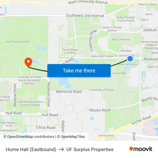 Hume Hall (Eastbound) to UF Surplus Properties map