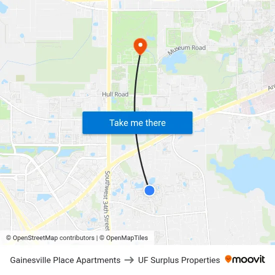 Gainesville Place Apartments to UF Surplus Properties map