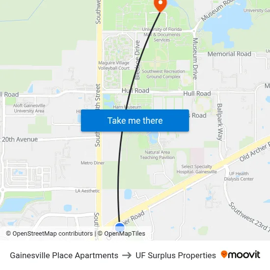 Gainesville Place Apartments to UF Surplus Properties map