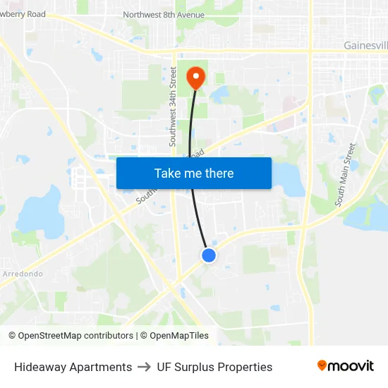 Hideaway Apartments to UF Surplus Properties map