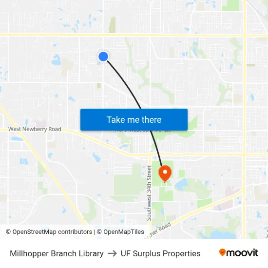 Millhopper Branch Library to UF Surplus Properties map