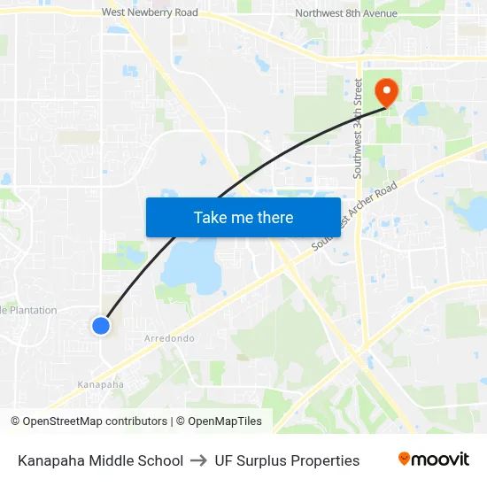 Kanapaha Middle School to UF Surplus Properties map