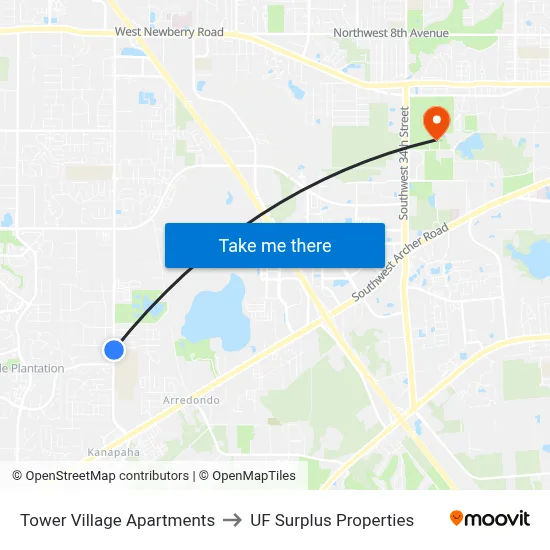 Tower Village Apartments to UF Surplus Properties map