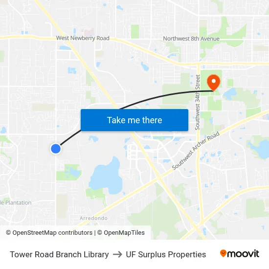 Tower Road Branch Library to UF Surplus Properties map