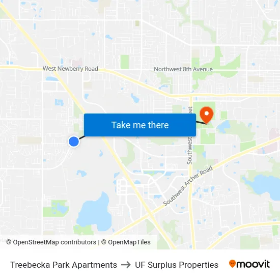 Treebecka Park Apartments to UF Surplus Properties map