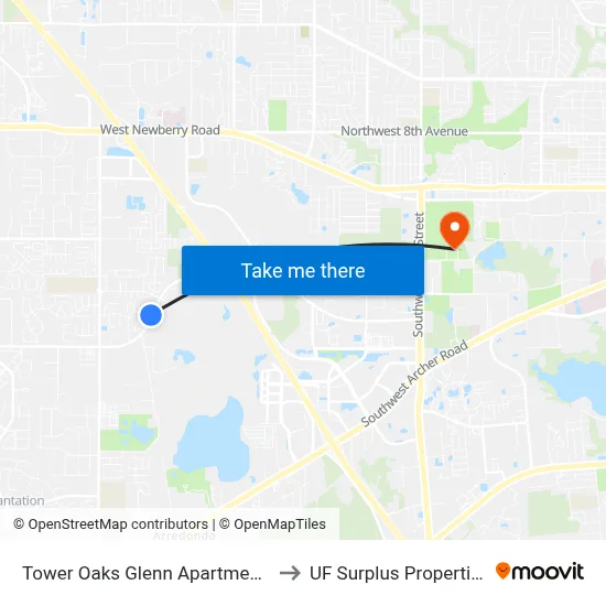 Tower Oaks Glenn Apartments to UF Surplus Properties map