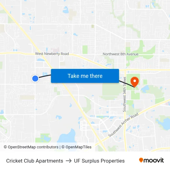 Cricket Club Apartments to UF Surplus Properties map