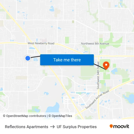 Reflections Apartments to UF Surplus Properties map
