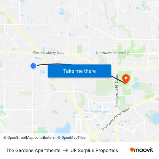 The Gardens Apartments to UF Surplus Properties map
