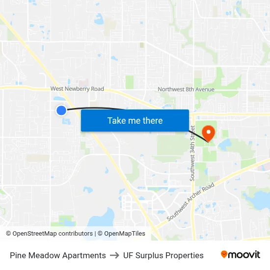 Pine Meadow Apartments to UF Surplus Properties map