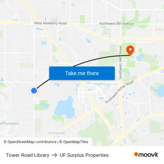 Tower Road Library to UF Surplus Properties map