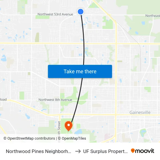 Northwood Pines Neighborhood to UF Surplus Properties map