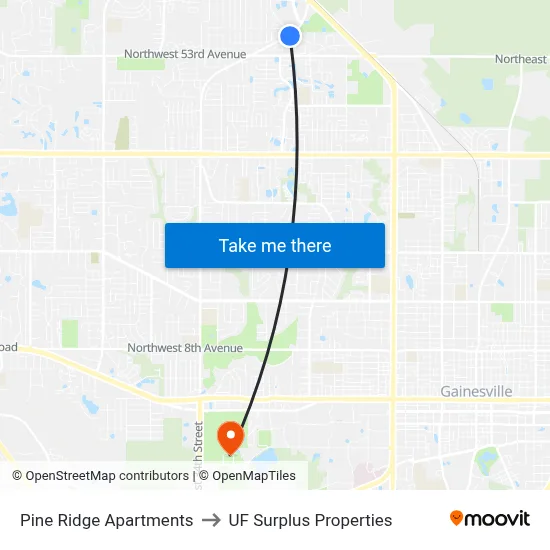 Pine Ridge Apartments to UF Surplus Properties map