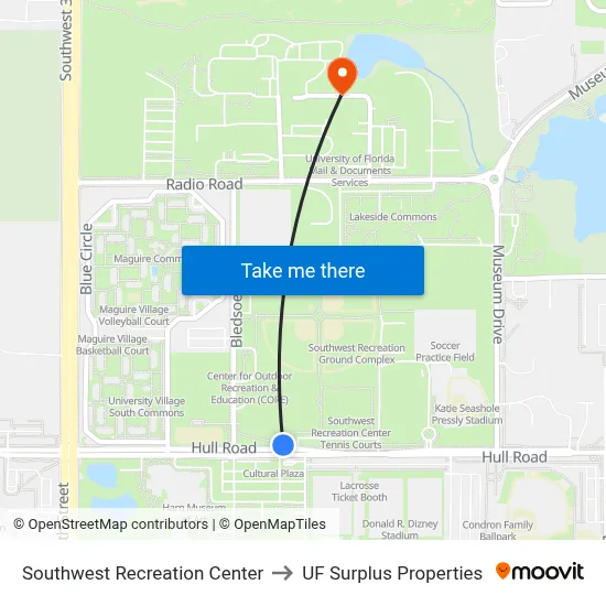 Southwest Recreation Center to UF Surplus Properties map