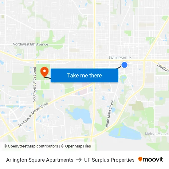Arlington Square Apartments to UF Surplus Properties map
