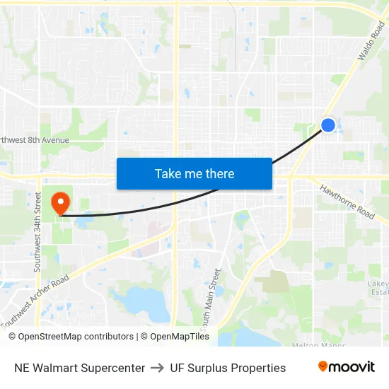 NE Walmart Supercenter to UF Surplus Properties map