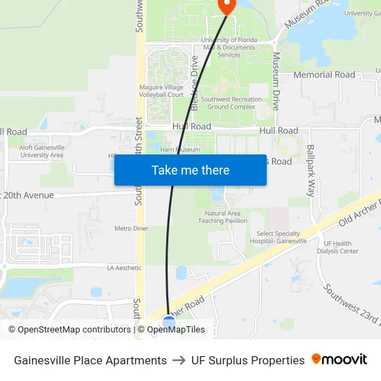 Gainesville Place Apartments to UF Surplus Properties map