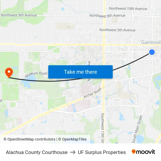 Alachua County Courthouse to UF Surplus Properties map