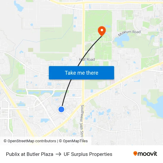 Publix at Butler Plaza to UF Surplus Properties map