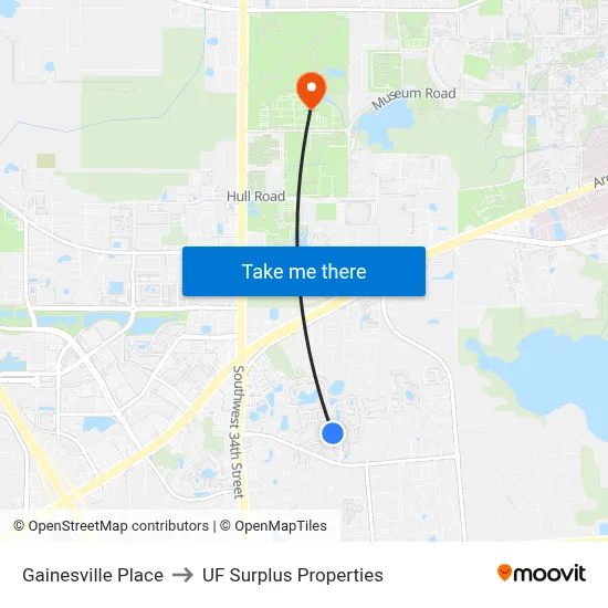 Gainesville Place to UF Surplus Properties map