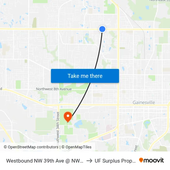Westbound NW 39th Ave @ NW 19th Ter to UF Surplus Properties map