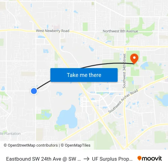 Eastbound SW 24th Ave @ SW 76th St to UF Surplus Properties map