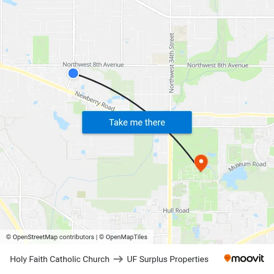 Holy Faith Catholic Church to UF Surplus Properties map