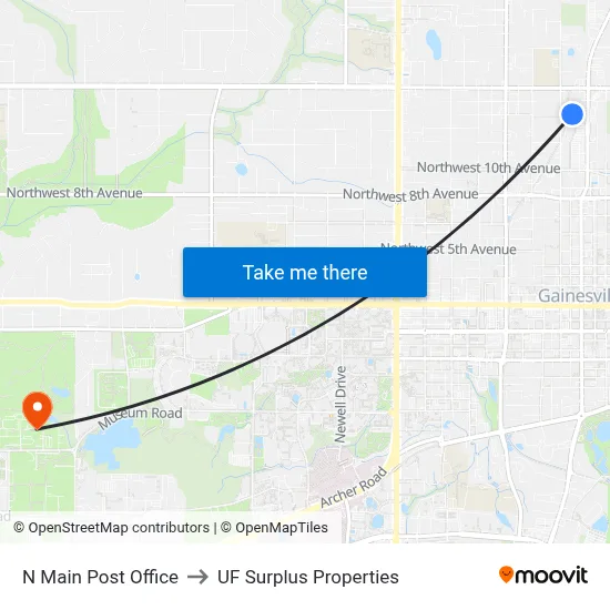 N Main Post Office to UF Surplus Properties map