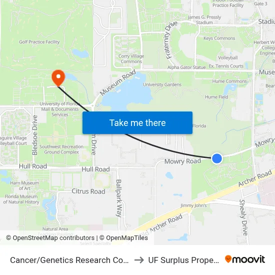 Cancer/Genetics Research Complex to UF Surplus Properties map