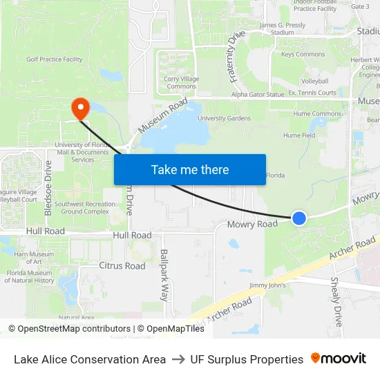 Lake Alice Conservation Area to UF Surplus Properties map