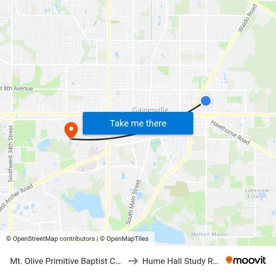 Mt. Olive Primitive Baptist Church to Hume Hall Study Room map