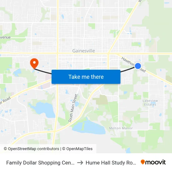 Family Dollar Shopping Center to Hume Hall Study Room map