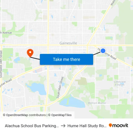 Alachua School Bus Parking Lot to Hume Hall Study Room map