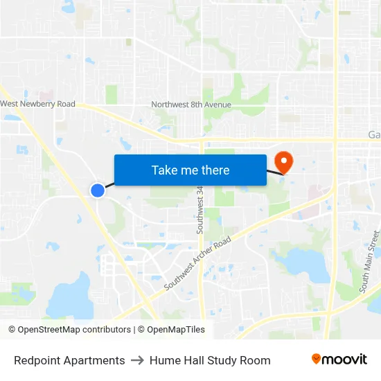 Redpoint Apartments to Hume Hall Study Room map