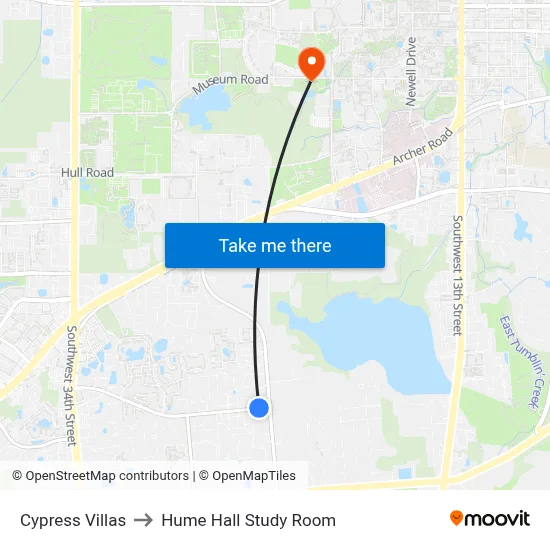 Cypress Villas to Hume Hall Study Room map