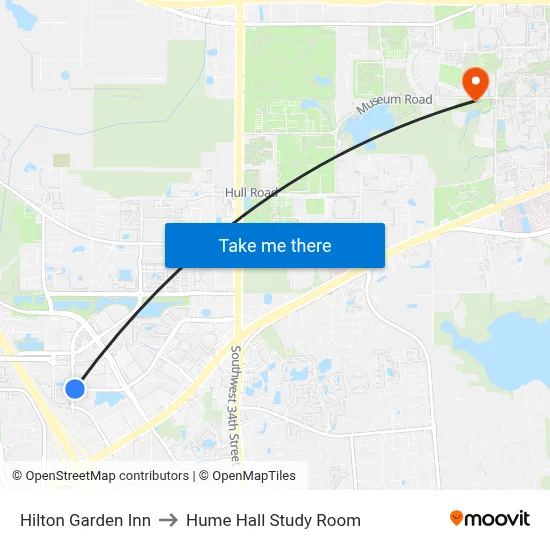 Hilton Garden Inn to Hume Hall Study Room map