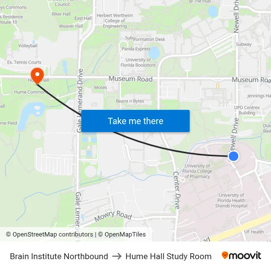 Brain Institute Northbound to Hume Hall Study Room map