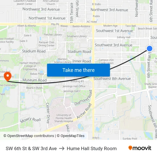 SW 6th St & SW 3rd Ave to Hume Hall Study Room map